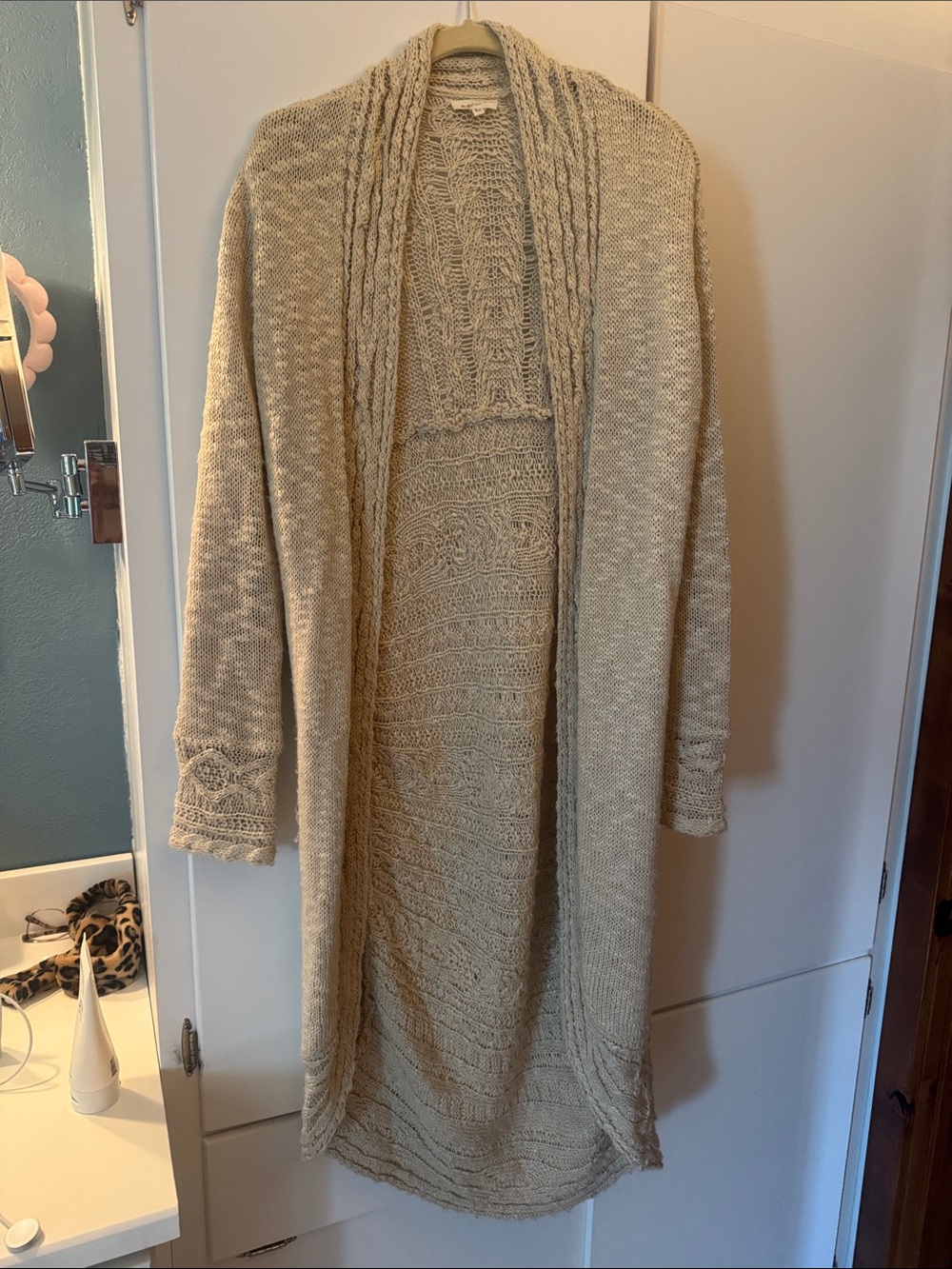 mystree Cozy Open-Front Long Cardigan Sweater in Beige